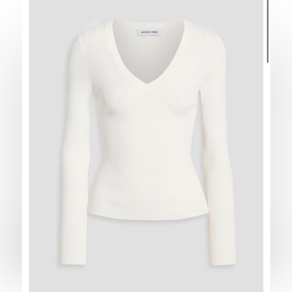 Veronica Beard Callie Ribbed-Knit V-Neck Sweater White